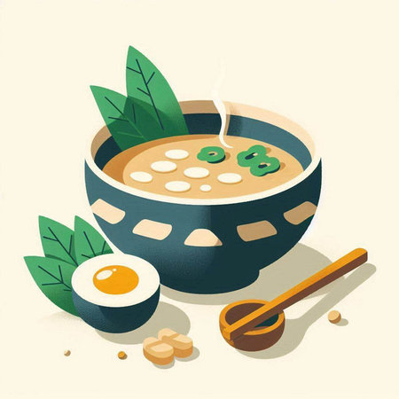 Japanese miso soup in bowl with chopsticks. Vector illustration.のイラスト素材