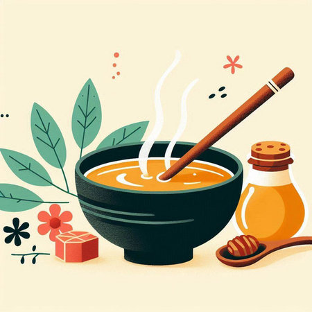 Honey bowl with honey and honey dipper, vector illustration.のイラスト素材