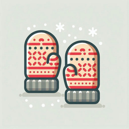 Vector illustration of two knitted mittens with snowflakes in flat styleのイラスト素材