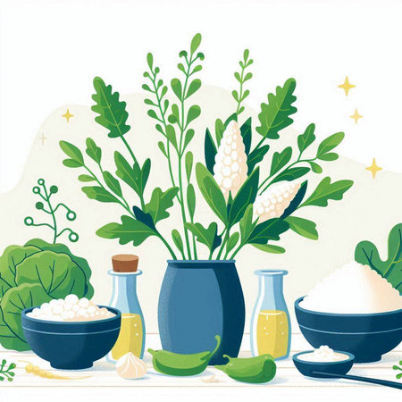 Illustration of healthy food ingredients in a pot. Vector illustration.のイラスト素材