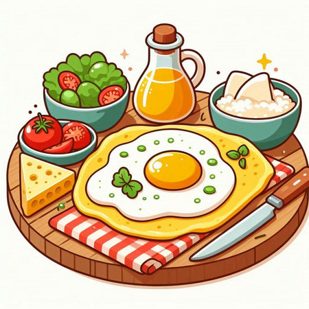 Illustration of a fried egg on a wooden board surrounded by ingredientsのイラスト素材