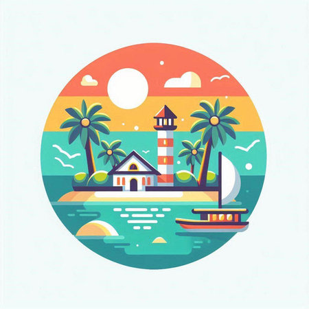 Lighthouse on the seashore. Vector illustration in flat styleのイラスト素材