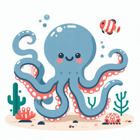 Cute cartoon octopus character. Vector illustration in a flat style.のイラスト素材