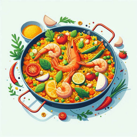 Seafood paella in a frying pan with vegetables. Vector illustration.のイラスト素材