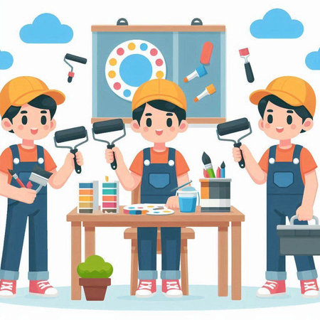 Illustration of a Cute Kid Boy Painting His Room with Toolsのイラスト素材