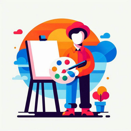 Painter with palette and easel. Flat design vector illustration.のイラスト素材