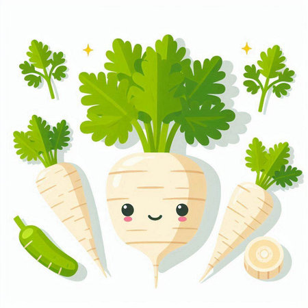 Cute radish with green leaves on white background. Vector illustration.のイラスト素材