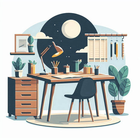 Vector illustration in flat style. Workspace with computer, desk and chair.のイラスト素材
