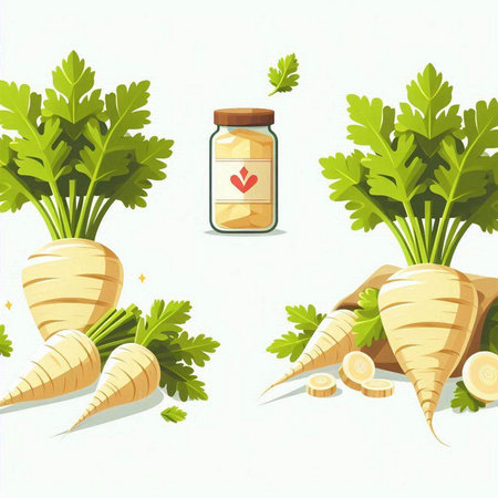 Carrot and parsley vector illustration. Vegetable background. Healthy food.のイラスト素材