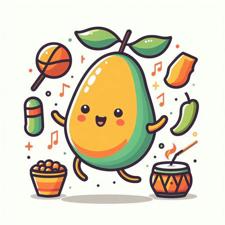 Cute kawaii mango character with musical notes and drum. Vector illustrationのイラスト素材