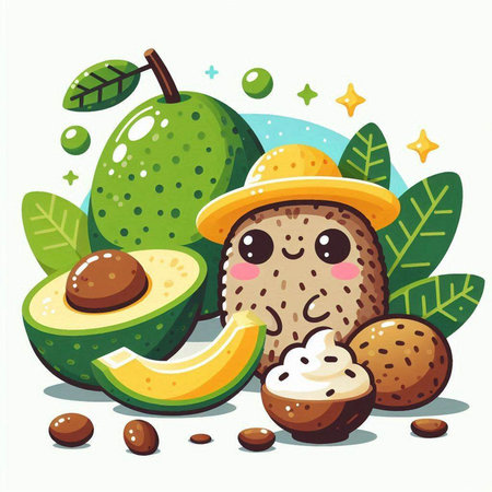 Illustration of a Cute Avocado Mascot Character with Avocado and Sliced Avocadoのイラスト素材