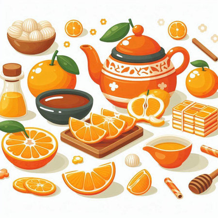 Vector illustration of tea set with teapot, honey, mandarins, oranges and honeycomb.のイラスト素材