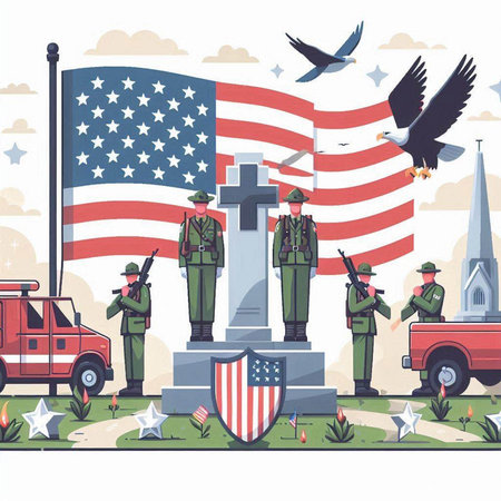 Patriotic composition with soldiers and american flag. Vector illustrationのイラスト素材
