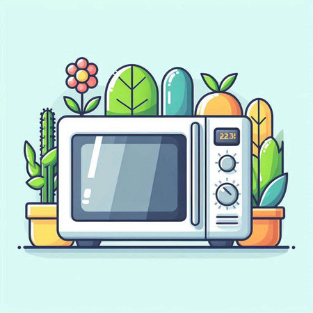 Microwave oven with cactus and succulent plants. Flat style vector illustration.のイラスト素材