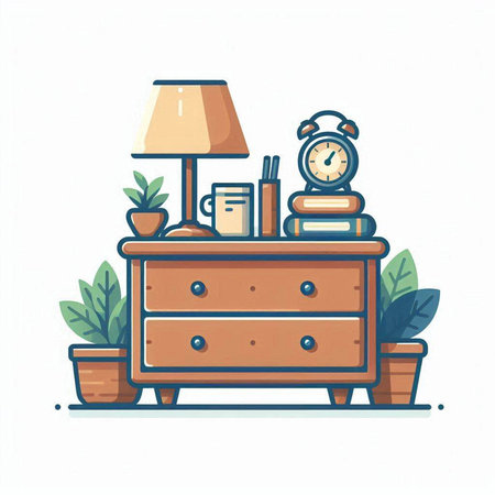Furniture, bedside table, lamp, books and plants. Vector illustration.のイラスト素材