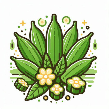 Illustration of okra plant with flowers and leaves on white backgroundのイラスト素材