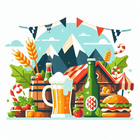 Vector illustration of Oktoberfest festival in flat style. Beer mug with beer, pretzel, gingerbread, flags, mountains, flags.のイラスト素材