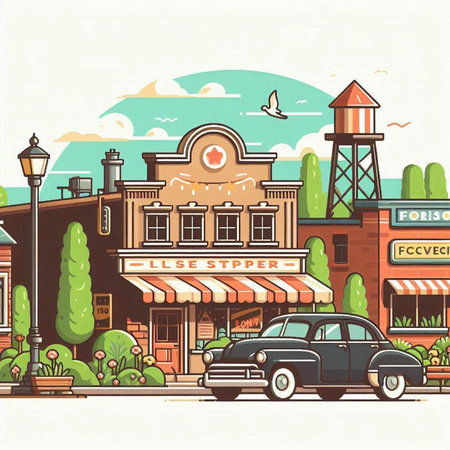 Vector illustration of the city street with shops and cafes. Retro style.のイラスト素材