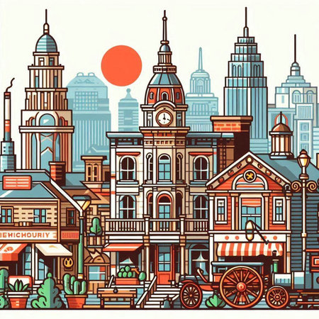Vector illustration of a cityscape with old buildings and street cafes.のイラスト素材