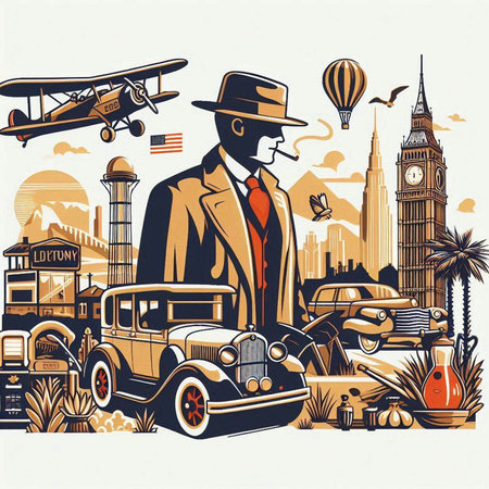 Traveling around the world with vintage cars and airplanes. Vector illustration.のイラスト素材