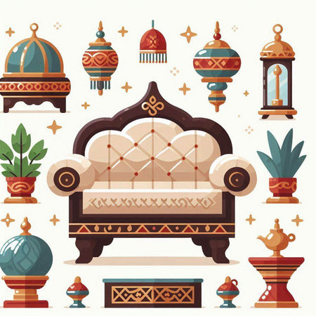 Furniture and interior elements in oriental style. Vector illustration.のイラスト素材