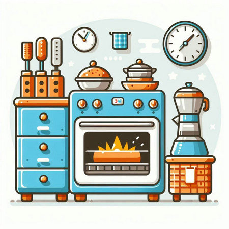Kitchen equipment. Vector illustration in flat style. Furniture for cooking.のイラスト素材