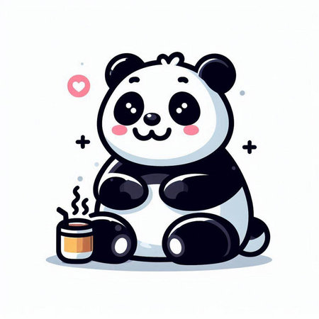 Cute panda with a cup of coffee. Vector illustration.のイラスト素材