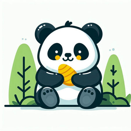 Cute panda bear eating ice cream in the park. Vector illustration.のイラスト素材