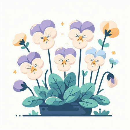 Flowerpot with pansies. Vector illustration in flat style.のイラスト素材