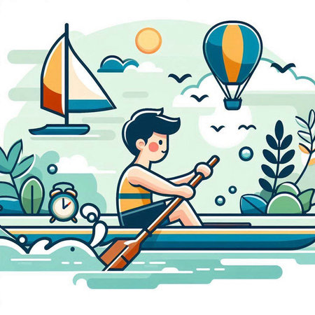 Man rowing on a boat in the sea. Vector illustration.のイラスト素材