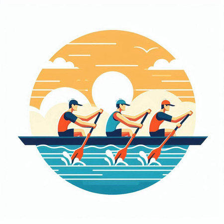 Group of men rowing in the sea. Flat vector illustration.のイラスト素材