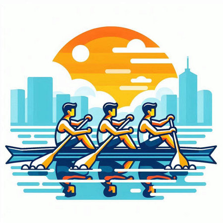 Rowing sport vector illustration in flat style. Group of people rowing on a river.のイラスト素材