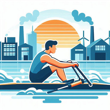 Man rowing a scooter on the river, vector illustration.のイラスト素材