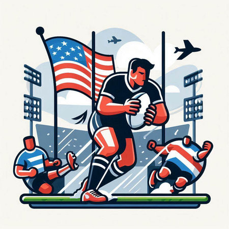 American football player in action with american flag. Vector illustration.のイラスト素材