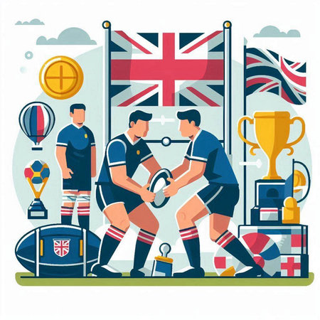 United Kingdom football vector illustration. Team players with trophy cup, ball and flag of United Kingdomのイラスト素材