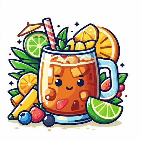 Cocktail with ice and fruits. Hand drawn vector illustration.のイラスト素材