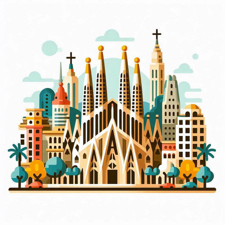 Vector illustration of Barcelona city skyline in flat style. Travel and tourism concept.のイラスト素材