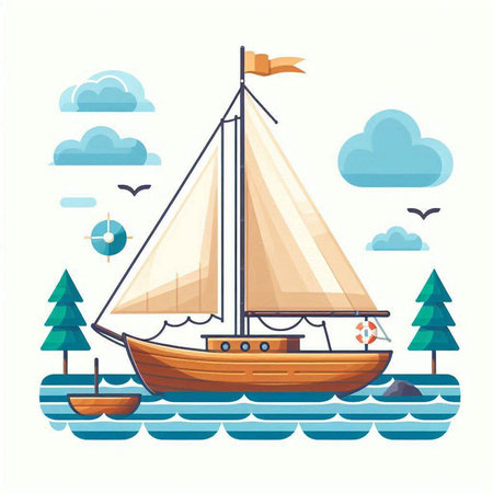 Sailing boat on the sea. Vector illustration in flat style.のイラスト素材