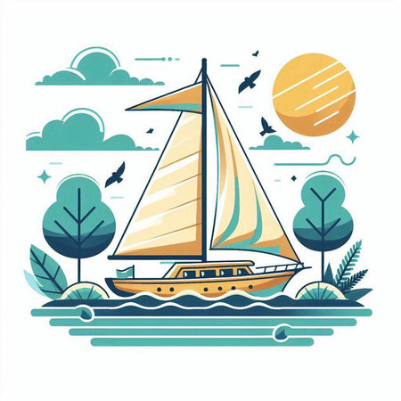 Sailing boat on the river. Vector illustration in flat style.のイラスト素材