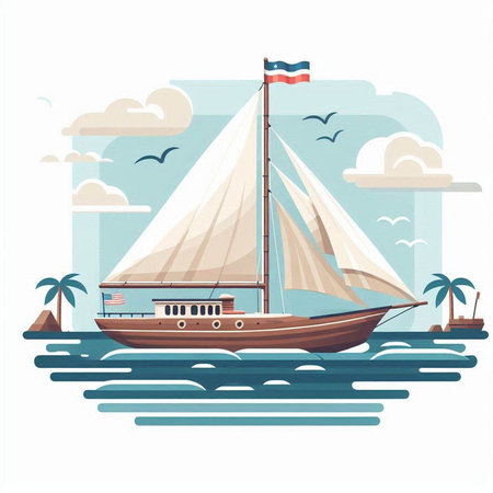 Sailing boat on the sea. Vector illustration in flat style.のイラスト素材