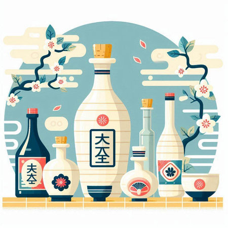 Oriental sake vector illustration. Traditional japanese sake bottle.のイラスト素材