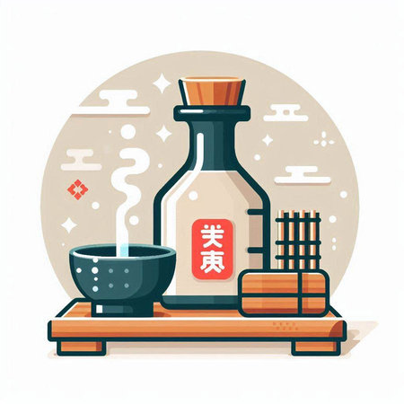 Chinese tea ceremony flat vector illustration. Traditional japanese food set.のイラスト素材