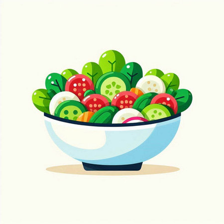 Salad in a bowl. Vector illustration. Isolated on white background.のイラスト素材