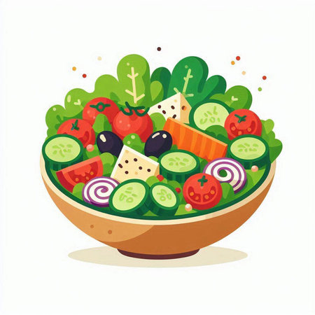 Vegetable salad in a bowl isolated on white background. Vector cartoon illustration.のイラスト素材