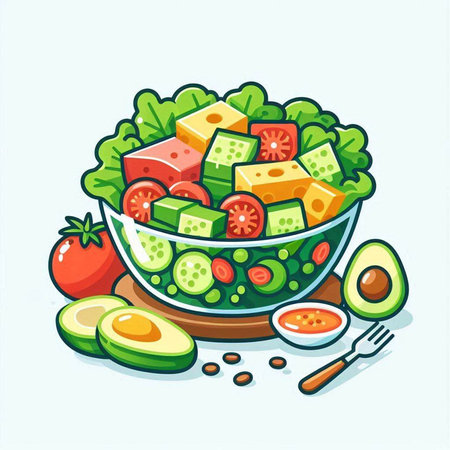 Salad with cheese, tomato, cucumber and avocado. Vector illustration.のイラスト素材