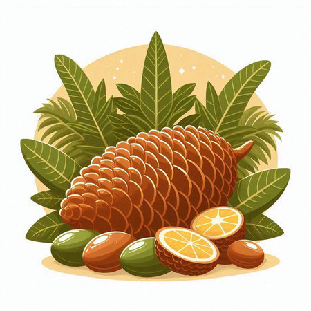 Illustration of Pine cone with tropical leaves and fruits on white backgroundのイラスト素材