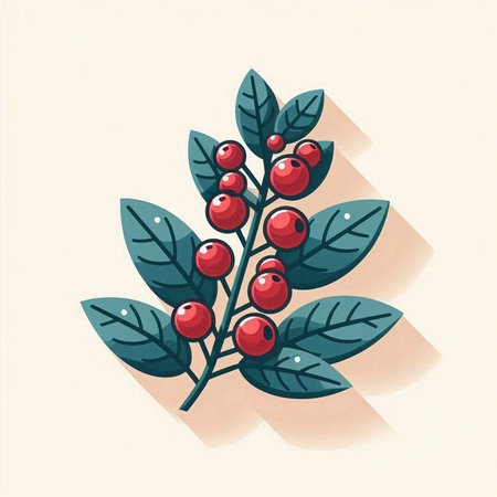Christmas tree branch with red berries and green leaves. Vector illustration.のイラスト素材