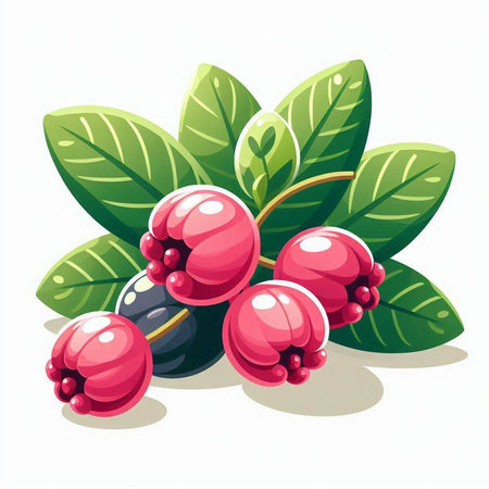 Illustration of fresh cranberries with green leaves on a white backgroundのイラスト素材