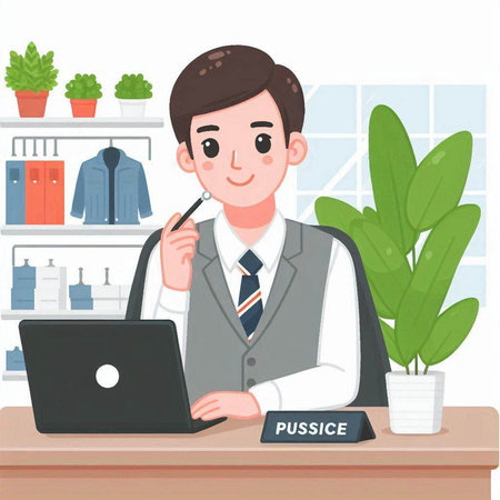 Businessman working with laptop in office. Vector illustration in cartoon styleのイラスト素材