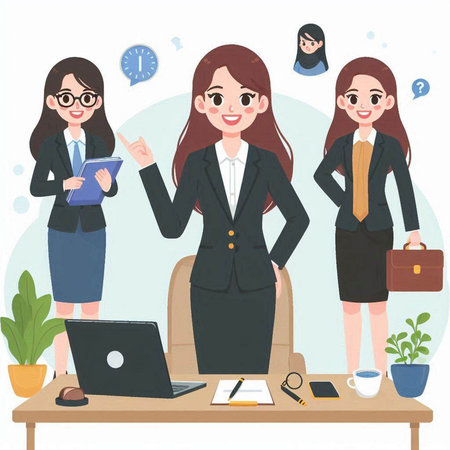 Businesswoman working at office. Vector illustration in flat cartoon style.のイラスト素材